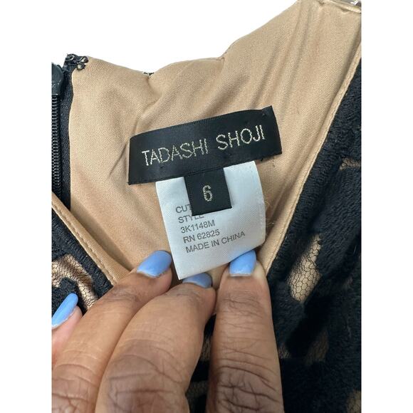 Tadashi Shoji Black Nude Lace‎ Cocktail Hour Evening Peplum Mini Dress Size 8 - Picture 4 of 12